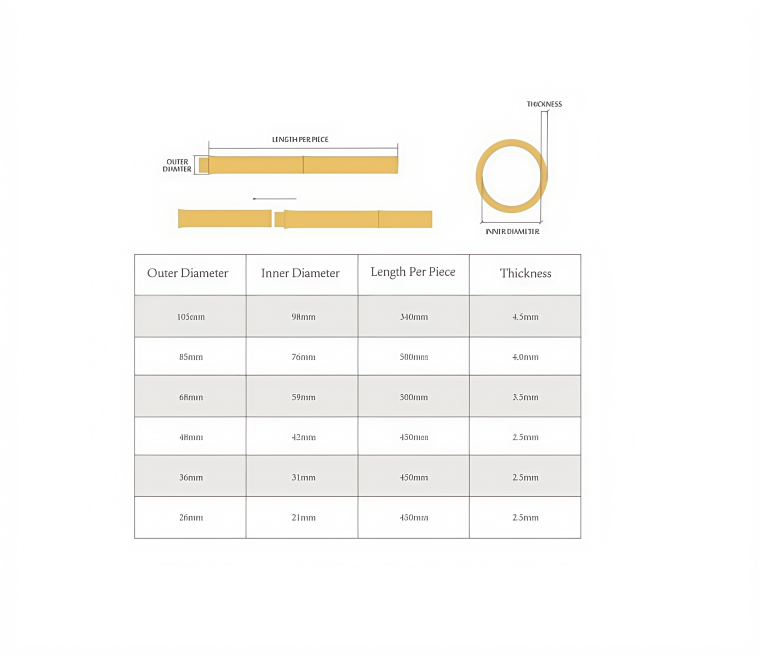 Detailed size chart and dimensions for the spliced bamboo pole, showing lengths and connection specs.