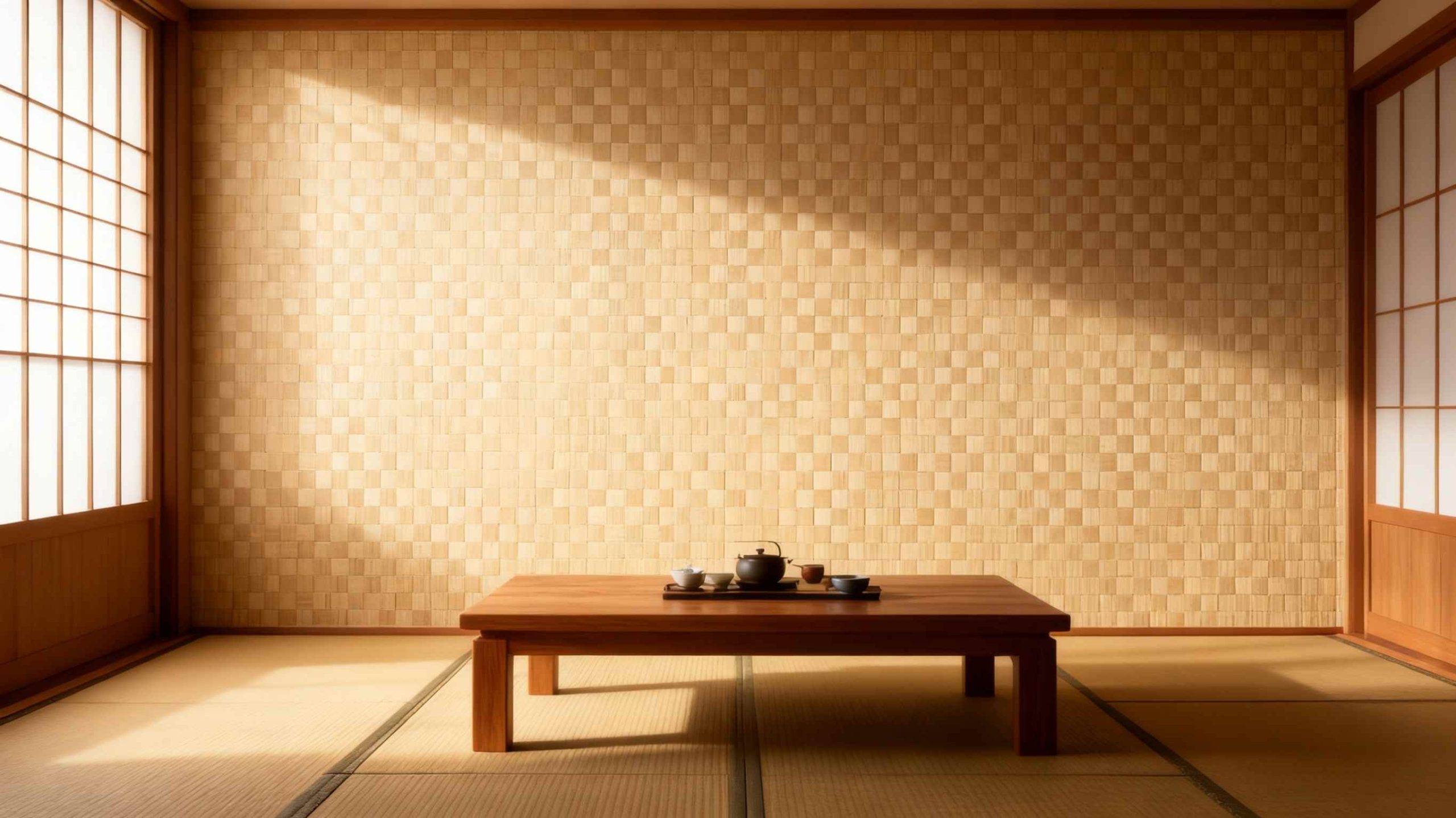 Zen tea room with light synthetic bamboo matting wall in minimalist Japanese style