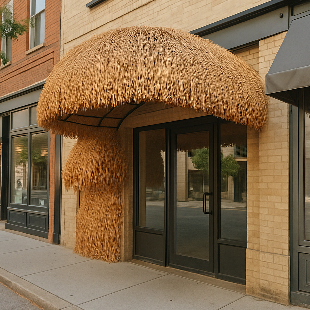 Custom yellow curved entrance canopy for a boutique, made from durable Synthetic Nylon Straw Thatch with integrated LED lighting for a dramatic evening effect.