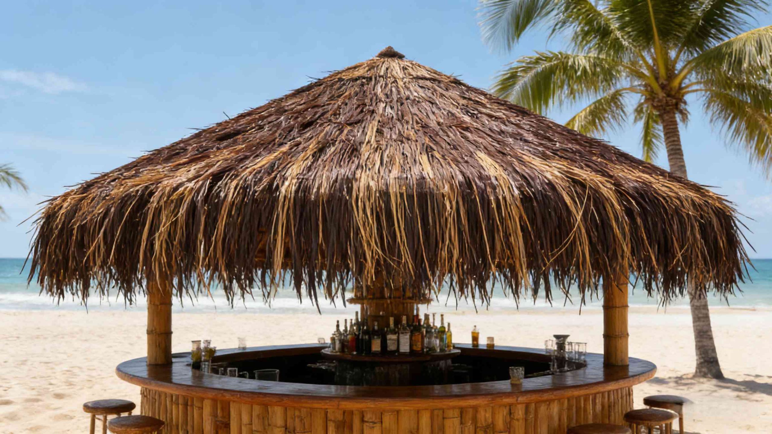 Tiki bar featuring synthetic thatch roofing in a thin reed thatched roof style