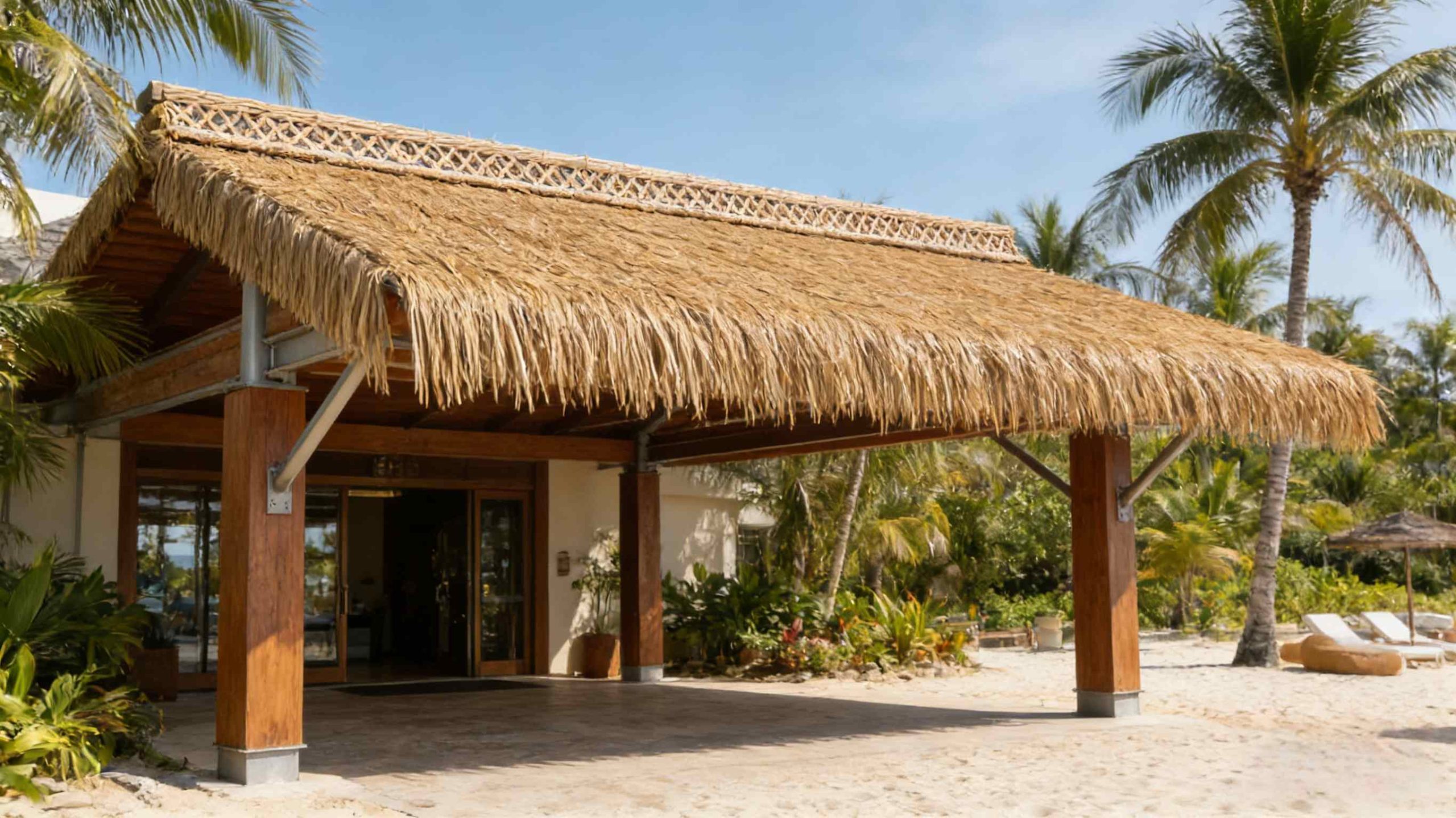 Hotel entrance canopy using Synthetic Thin Straw Thatch-Oneside-Waterproof synthetic thatch roof