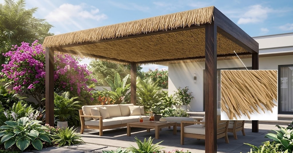 Modern luxury backyard pergola with a flat synthetic straw thatch roof, providing stylish shade.