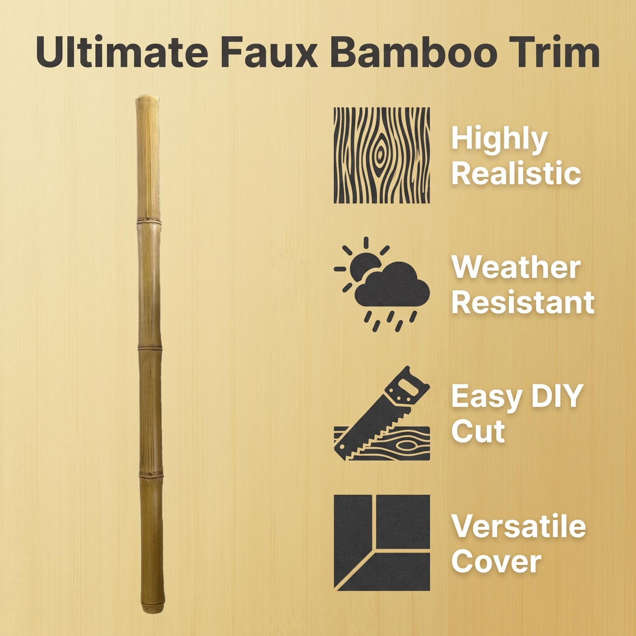 Faux bamboo trim with realistic texture, weather-resistant construction, easy DIY cutting and versatile decorative coverage.