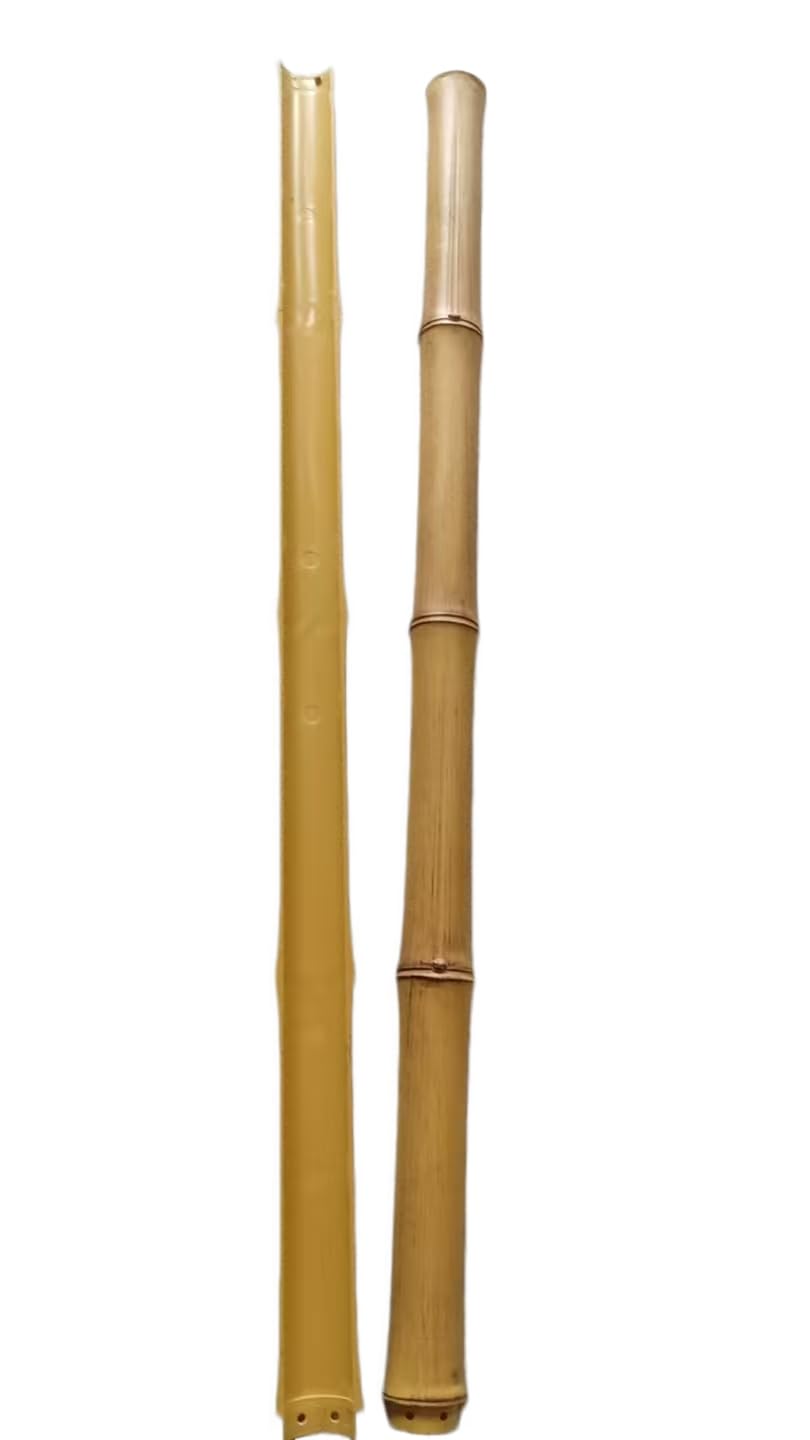 Front and back views of faux half round bamboo trim showing the realistic bamboo surface and hollow underside.