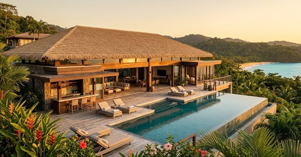 Exterior of a luxury resort villa featuring an eco-friendly flat synthetic nylon thatch roofing system.