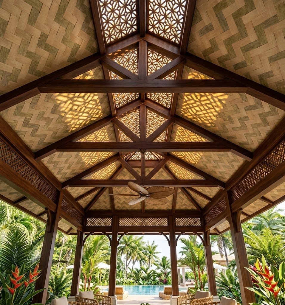 A luxury resort gazebo with a ceiling lined with the Synthetic Bamboo Mat in a herringbone weave, providing elegant tropical shading and texture.