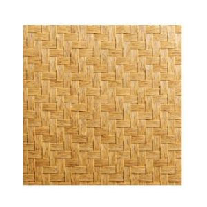 "A detailed close-up texture of a synthetic bamboo mat, featuring an interlocking basketweave pattern of interlocking strips in a warm, natural honey-tan color, with visible faux-bamboo grain."