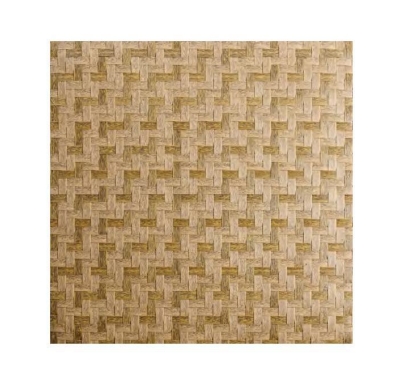 A close-up view of a synthetic bamboo woven mat texture, featuring a complex, stepped diagonal geometric pattern created by interweaving light beige and golden-brown strips