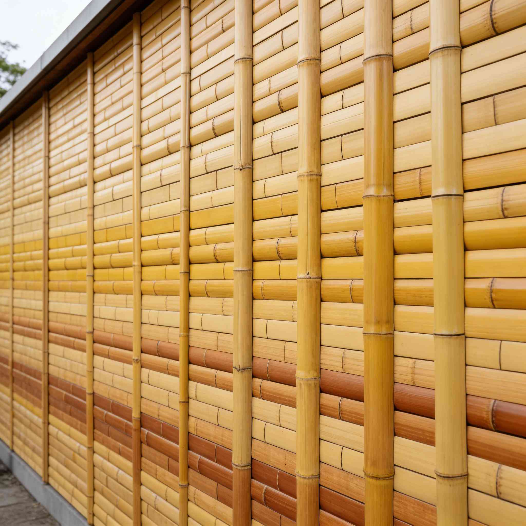 Close-up of spliced synthetic bamboo pole cladding on an exterior bamboo wall