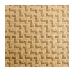 "A close-up texture of a synthetic bamboo woven mat featuring an intricate, interlocking geometric pattern in light beige and dark tan tones."