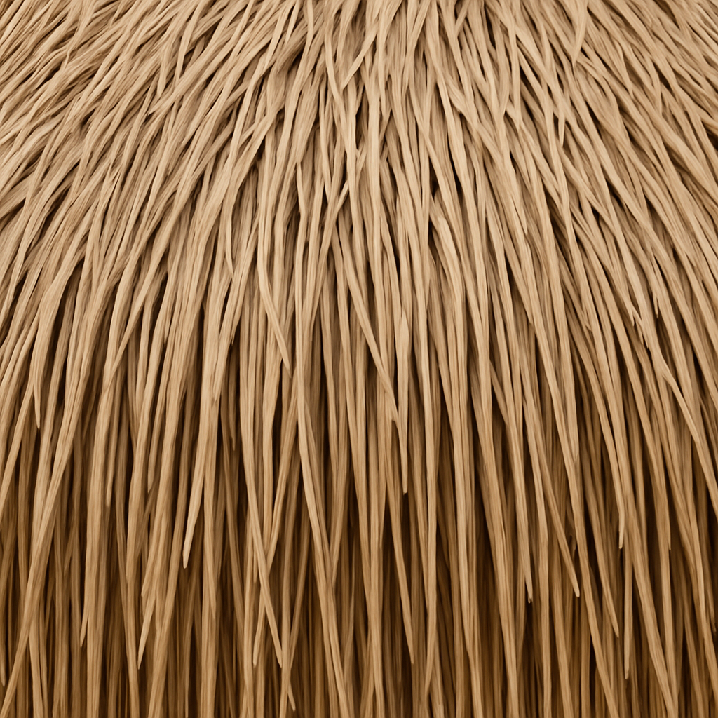 Closeup texture of synthetic nylon straw thatch roof material (beige color, artificial thatch for roofing applications