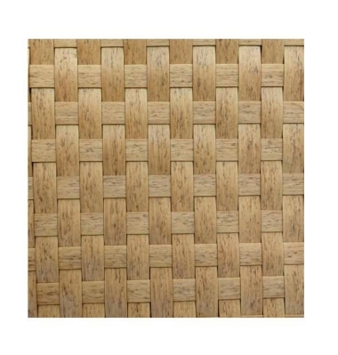 A detailed close-up texture of a synthetic woven mat, featuring an interlocking basketweave pattern of flat strips. The strips are printed with a distinct, naturalistic spotted bamboo (or leopard bamboo) pattern, showing prominent dark speckles over a light tan background.