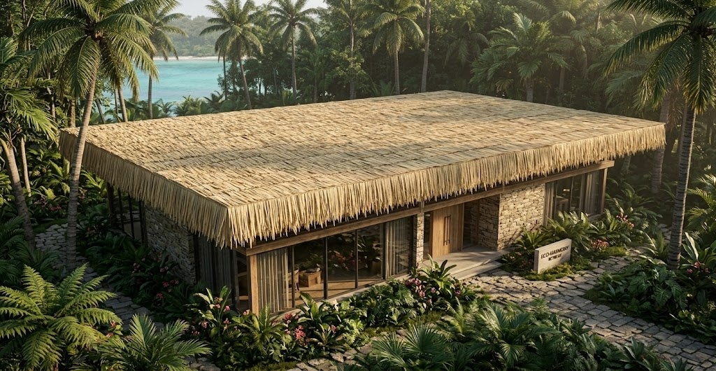 A contemporary eco-resort building with a flat straight roofline entirely covered in durable HDPE Synthetic Nylon thatch.