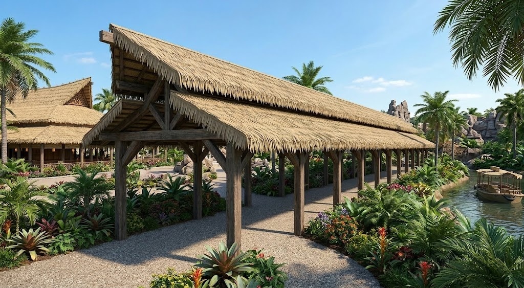 Large slanted roof shelter at a theme park using durable synthetic thin straw thatch.