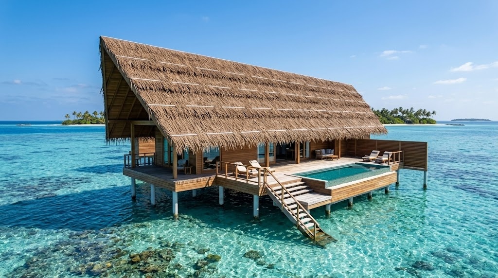 Luxury overwater bungalow over the ocean with a sloped synthetic thick straw thatched roof.