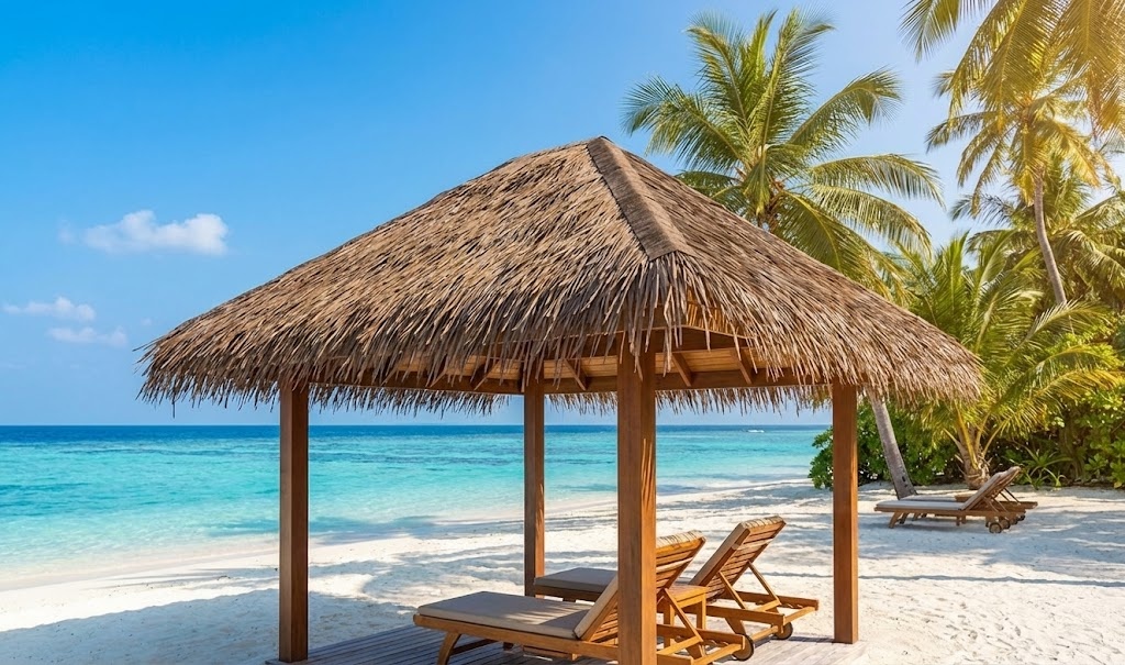 Tropical beach gazebo with a durable synthetic ridge for reed thatch roof covering against a clear blue ocean background.