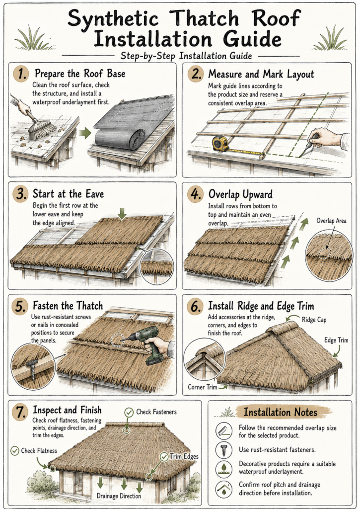 Synthetic thatch roof installation over a prepared roof structure