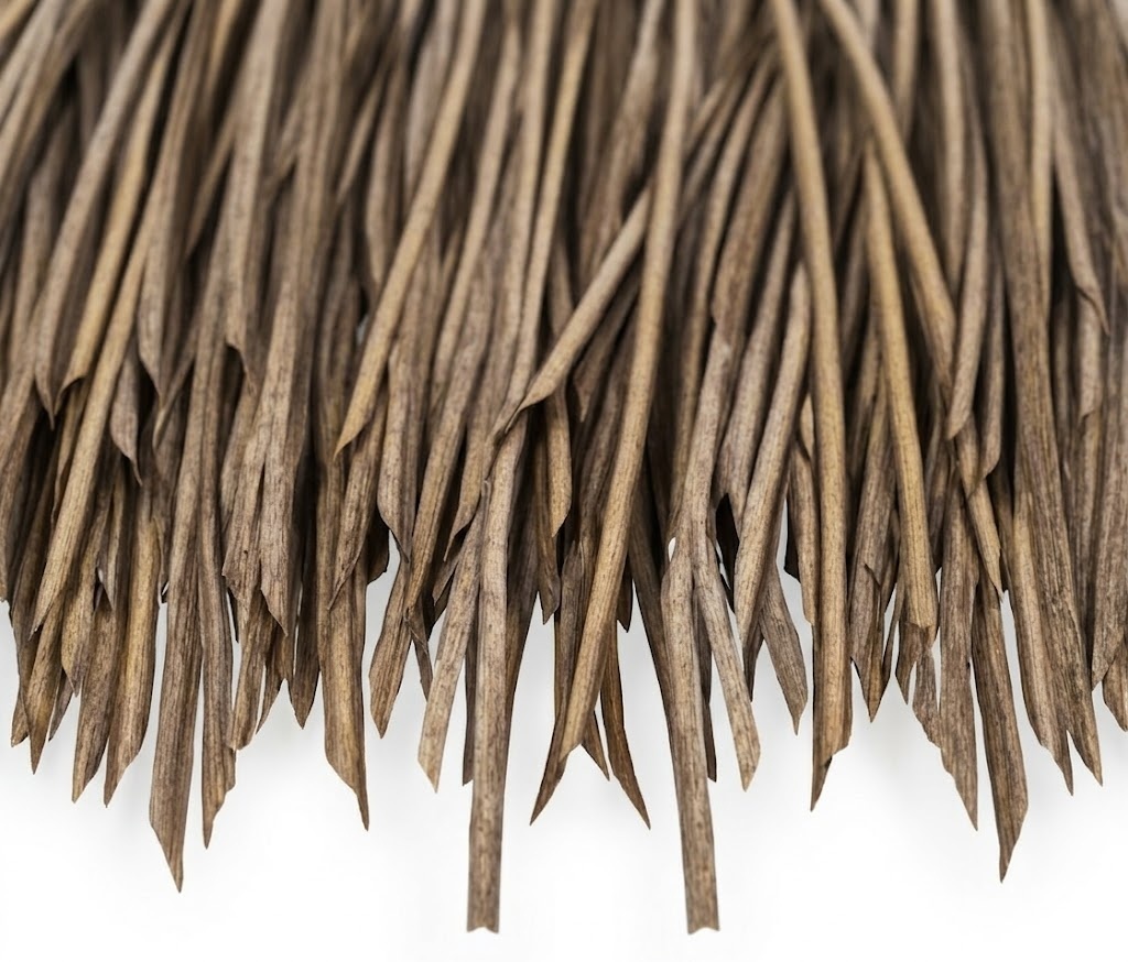 High-resolution texture detail of modified HDPE synthetic thick straw thatch showing natural brown colors.