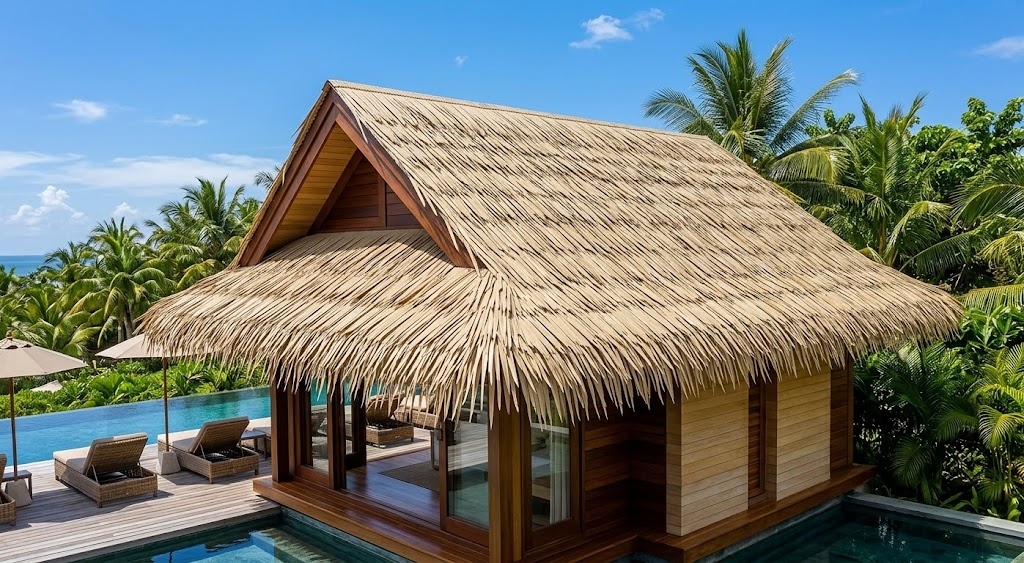 Waterproof synthetic thin straw thatch laid completely on the slanted roof of a tropical resort cabana.