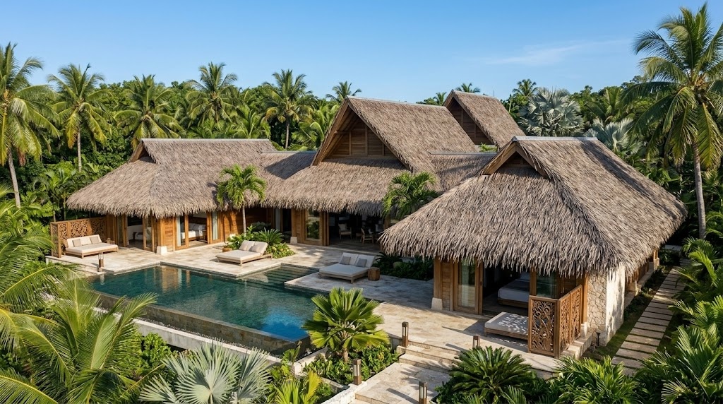 Tropical resort villa featuring a steeply sloped roof perfectly covered in synthetic thick straw thatch.