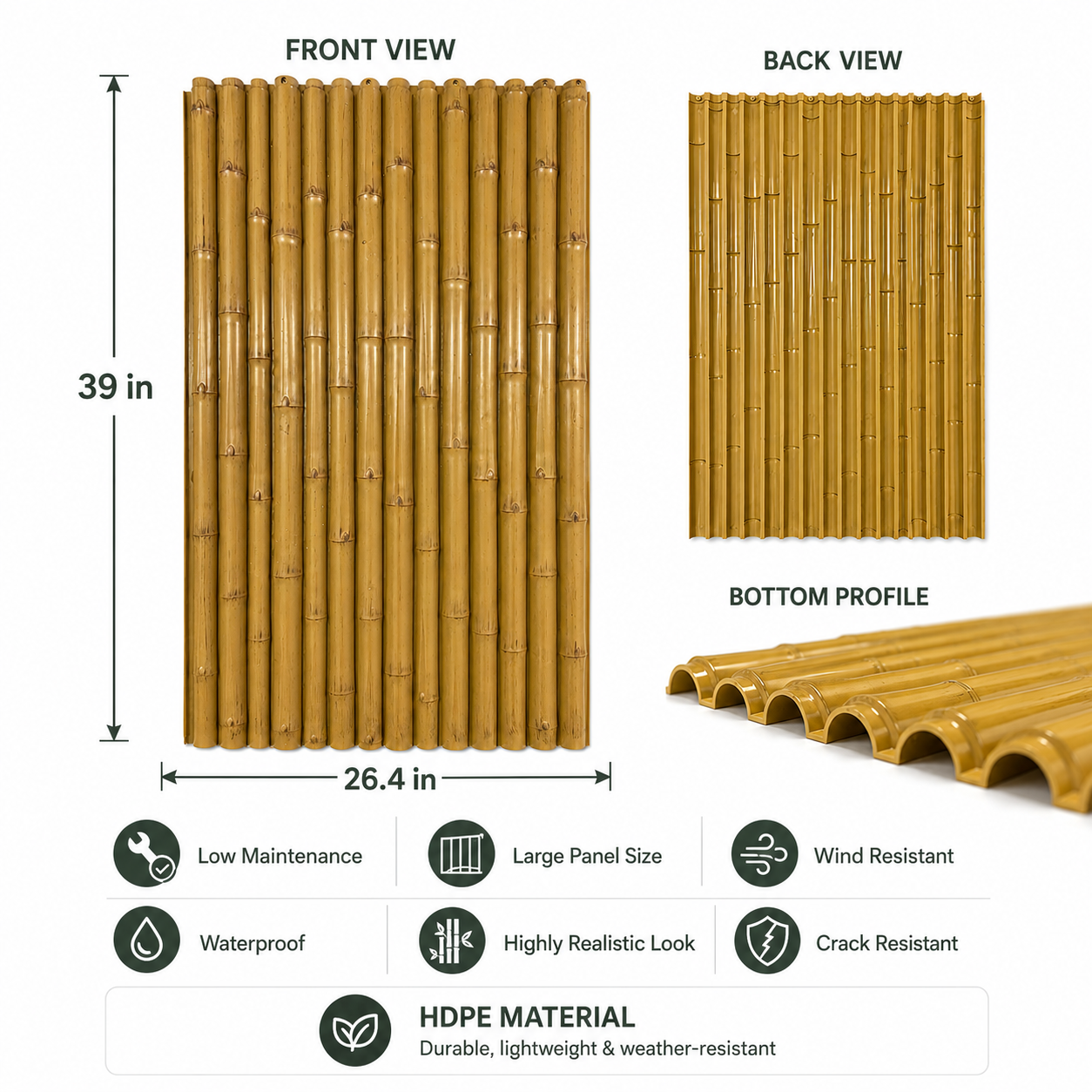 39 x 26.4 inch HDPE bamboo wall panel with front view, back view, bottom profile, waterproof and low maintenance features.