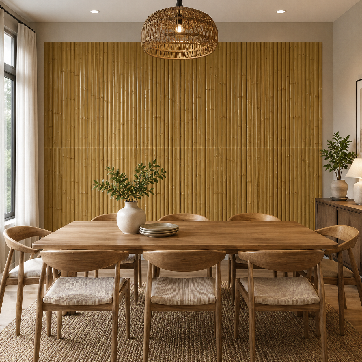 Faux bamboo wall panels used as a natural accent wall in a warm dining room with visible panel seams and realistic bamboo texture.