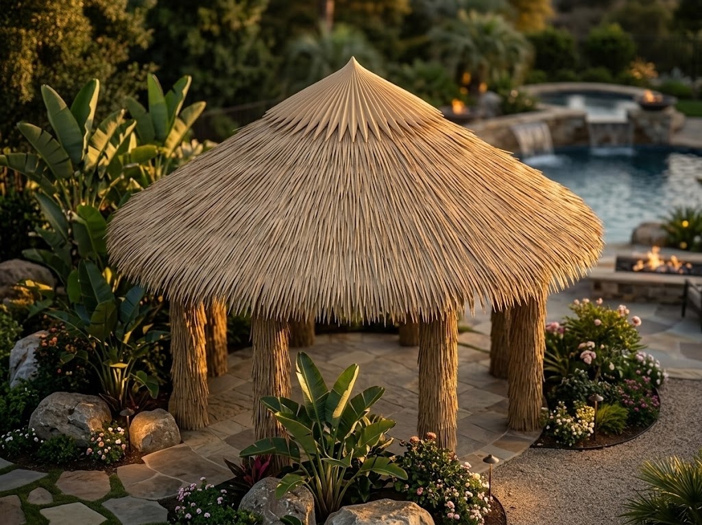 Round garden gazebo with synthetic palm thatch roof and top cap