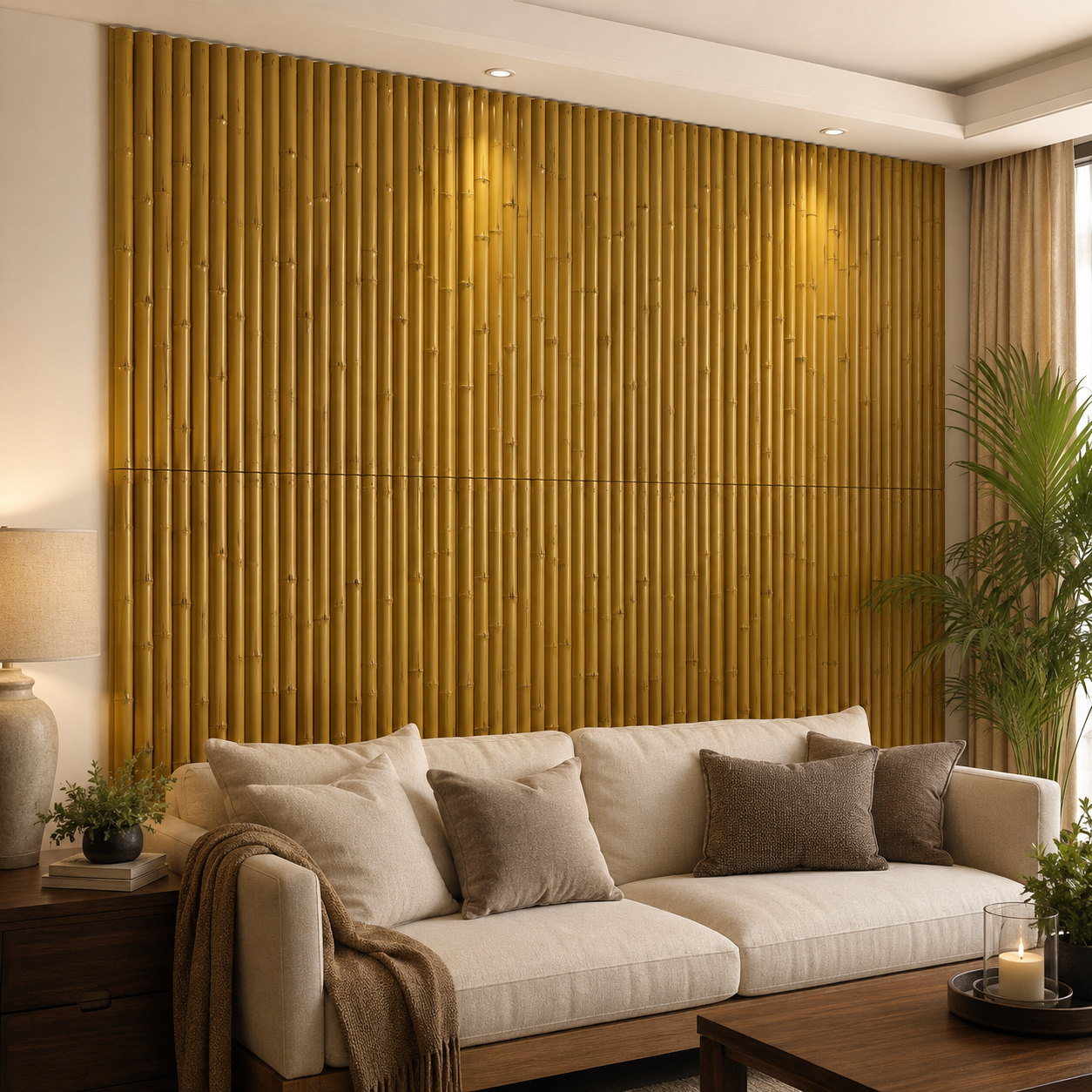 Light brown HDPE bamboo wall panels installed behind a sofa as a realistic indoor living room accent wall.