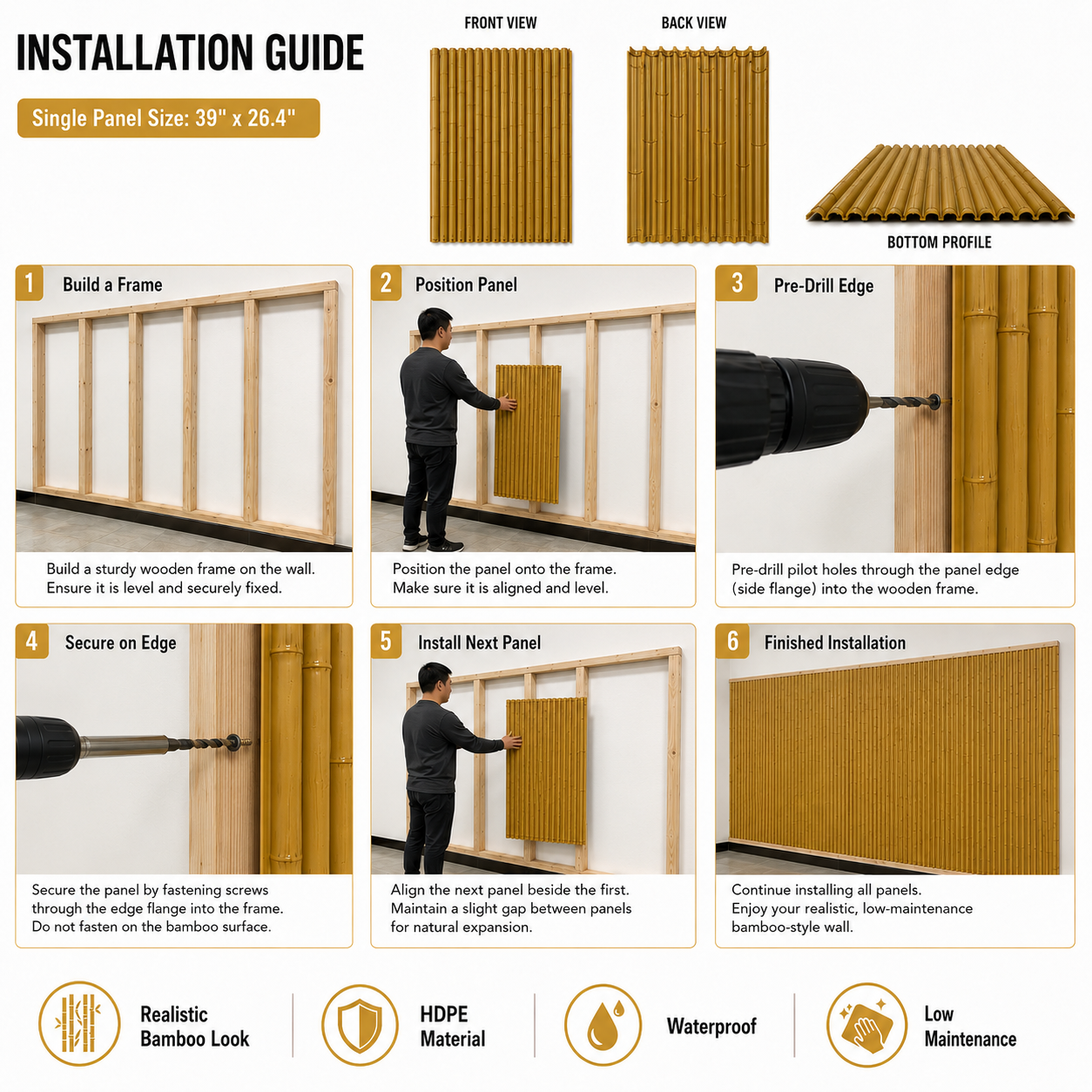 HDPE faux bamboo wall panels installation guide showing frame setup, screw fixing, panel seams, and 39 x 26.4 inch size.