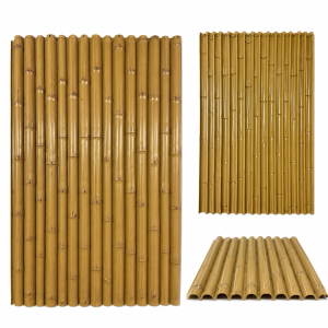 Light brown faux bamboo wall panel showing front view, back view, and bottom profile with realistic bamboo nodes.