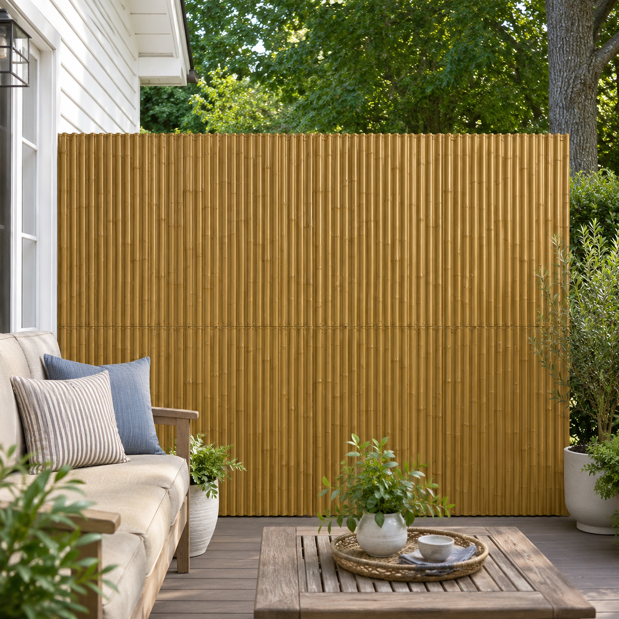 Outdoor faux bamboo wall panels used as a patio privacy fence with realistic bamboo texture for garden and backyard decor.