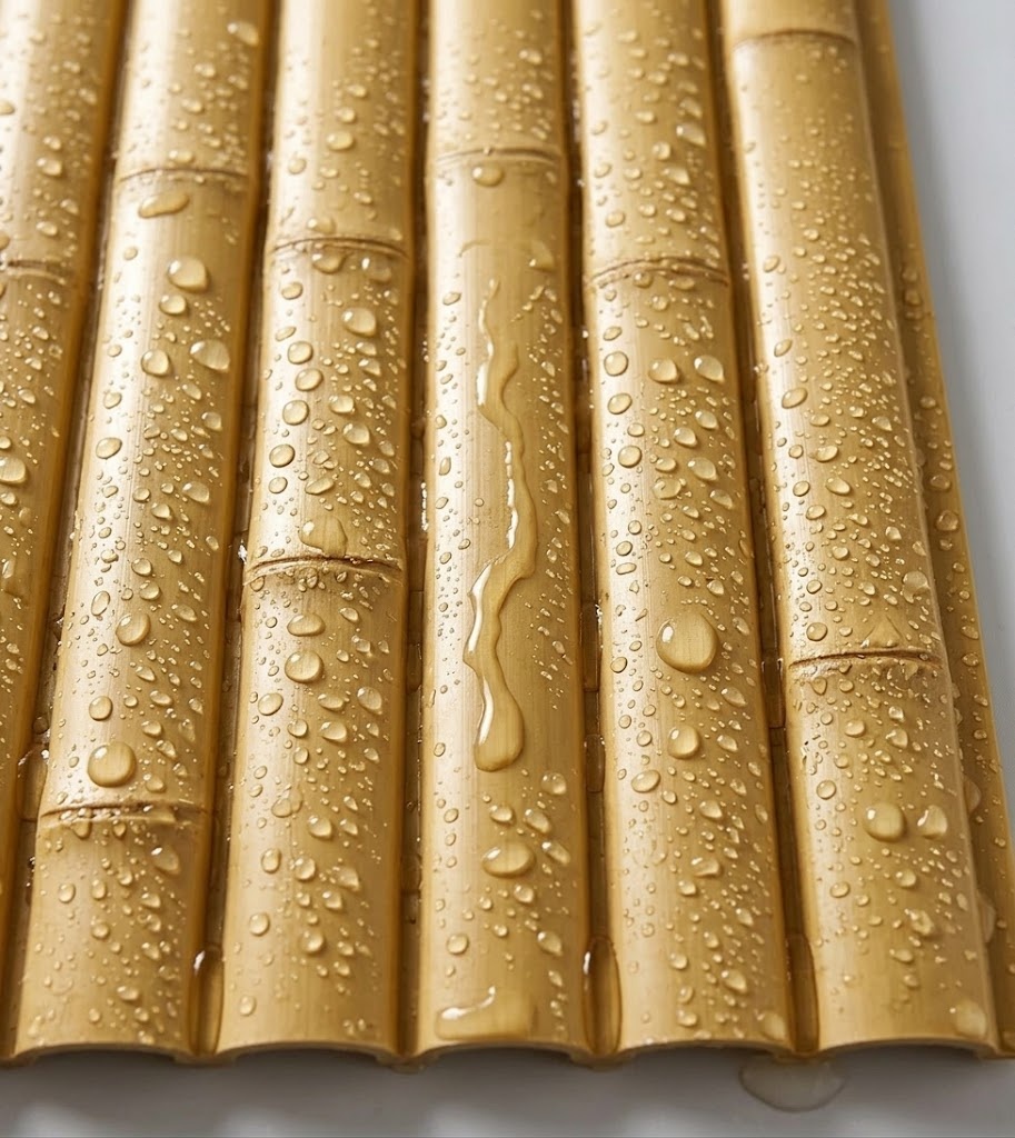 Macro close-up of water beading on the surface of a synthetic bamboo panel, demonstrating its waterproof material.