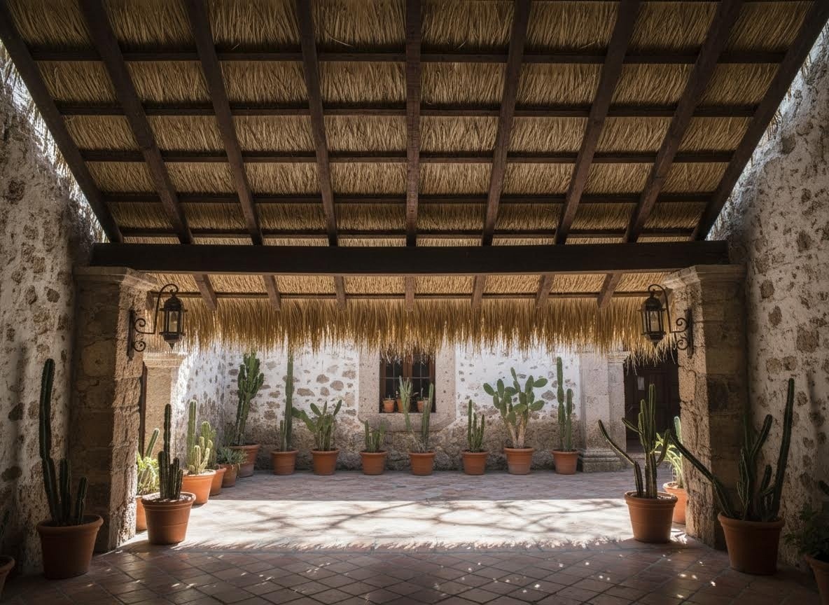 An installation shot of an old-world Mexican Hacienda patio with full-size synthetic palm leaf panels cleanly grid-laid across exposed wood beams on a portico roof, showing the authentic look and specific size (1000mm x 550mm), adjacent to stone walls and potted cacti.