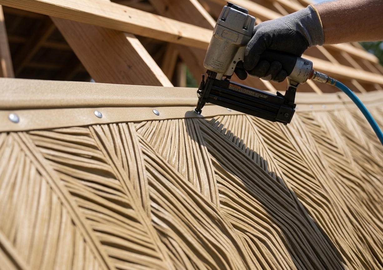 A close-up photograph of a gloved worker's hand using a pneumatic nail gun to secure a sand-brown modified HDPE synthetic thatch roofing panel to a wooden frame. The nail gun nozzle is precisely aligned with a metal-riveted pre-drilled hole on the panel's header band. The intricate herringbone-woven thatch pattern, as seen on the panel from image_6.png, is visible below the fastening point. Bare wooden roof trusses are in the background. Natural light illuminates the scene.