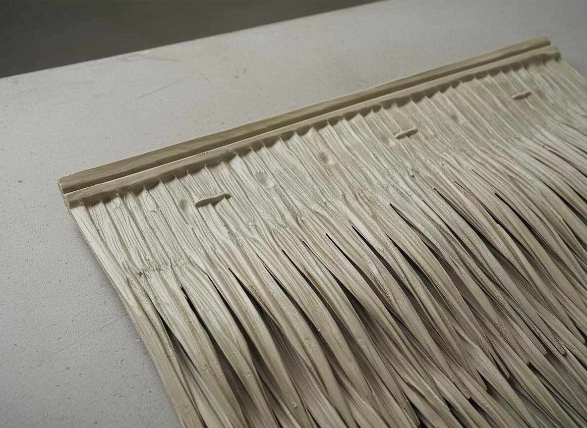 A detailed close-up photograph focusing on the molded header bar and the realistic fibrous texture of individual artificial palm leaves on a 1000x550mm synthetic Mexican thatch roofing panel, showing pre-drilled holes for installation.