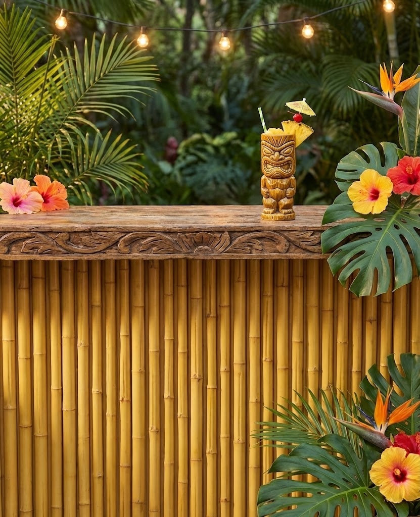 A photograph of a lush outdoor Tiki bar featuring a continuous fronting of synthetic bamboo panels (as seen in image_8.png) below the wooden counter. A large carved Tiki mug sits on the surface, surrounded by warm string lights and palm foliage.