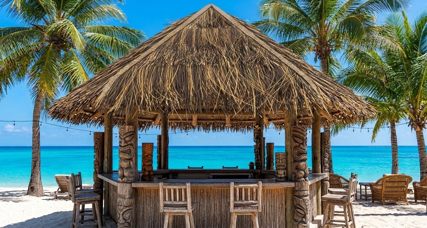 A vibrant photograph of a traditional beachfront Tiki bar (palapa) with a conical wooden roof completely flatly covered with the specific dark brown and lighter tan synthetic reed thatch seen in image_1.png, set on sand against turquoise water and palm trees.