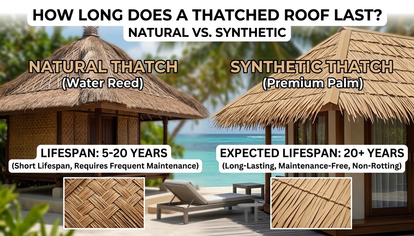 A revised informational graphic comparing the lifespan of natural water reed thatch and synthetic premium palm thatch. On the left, the natural thatch cottage has a LIFESPAN label: 5-20 YEARS (Short Lifespan, Requires Frequent Maintenance). On the right, the synthetic thatch cottage (from image_22.png) has an EXPECTED LIFESPAN label: 20+ YEARS (Long-Lasting, Maintenance-Free, Non-Rotting). All titles and textures are preserved, with only the numbers and notes updated for accuracy.