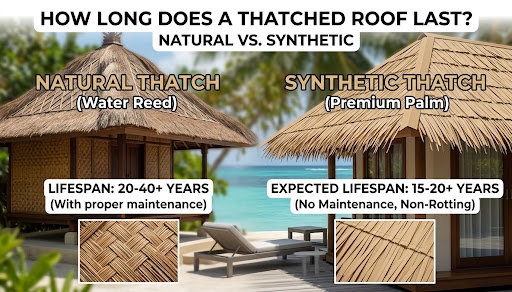 A side-by-side photo comparison in a tropical resort setting, with the central title HOW LONG DOES A THATCHED ROOF LAST? NATURAL VS. SYNTHETIC. On the left, a traditional cottage has a natural water reed thatch roof with a lifespan label '20-40+ YEARS'. On the right, a similar style cottage has a roof made of the premium synthetic palm thatch panels shown in image_22.png, featuring their distinctive beige/tan flat straw chains and top binding strips, neatly laid in overlapping rows with a lifespan label '15-20+ YEARS'. A close-up inset photo shows the synthetic chains from image_22.png.