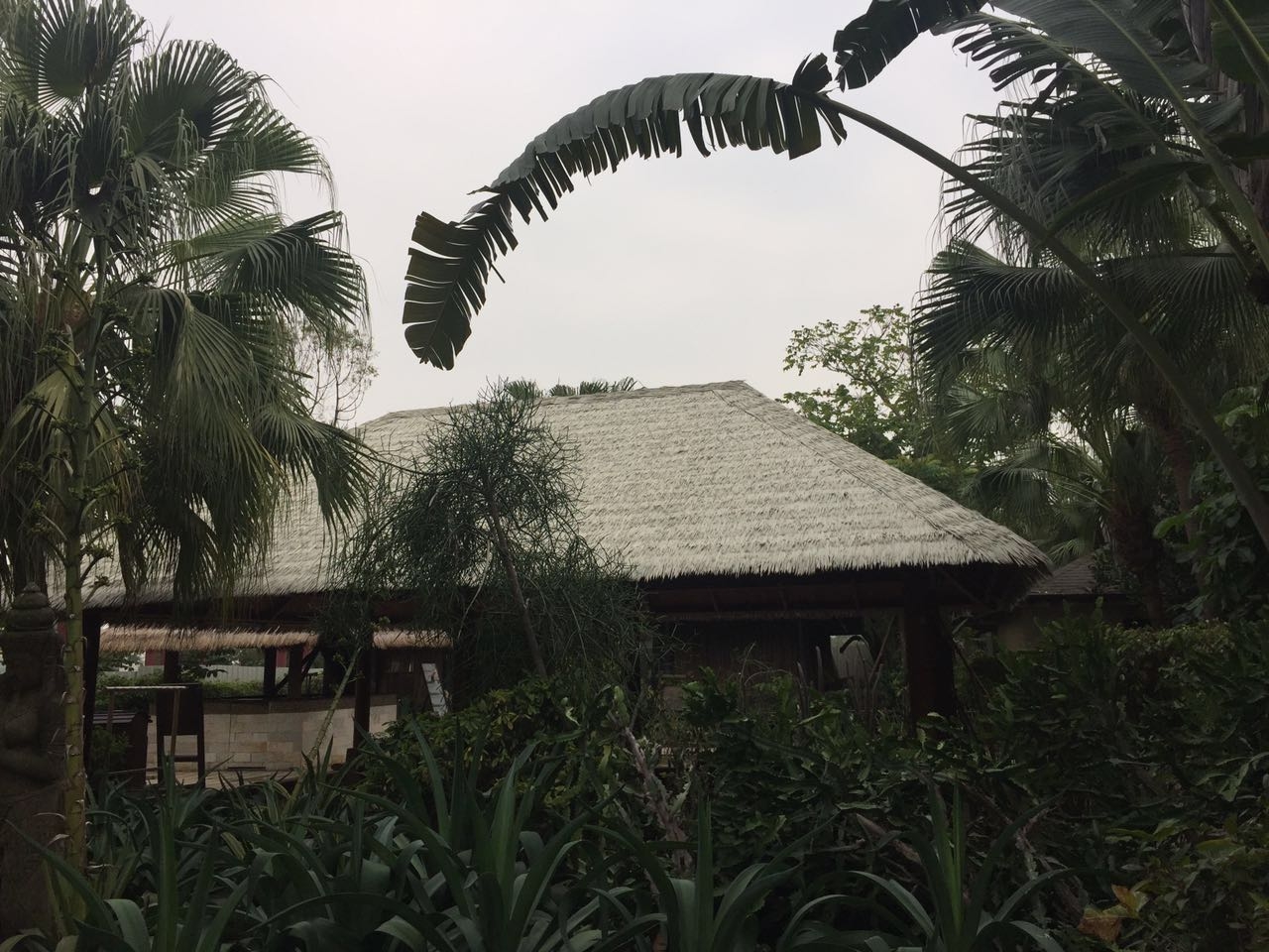 Spacious open palapa with a light beige synthetic thatch roof, partially hidden by dense tropical plants including banana leaves and palm trees. Creates a secluded, resort-like ambiance.