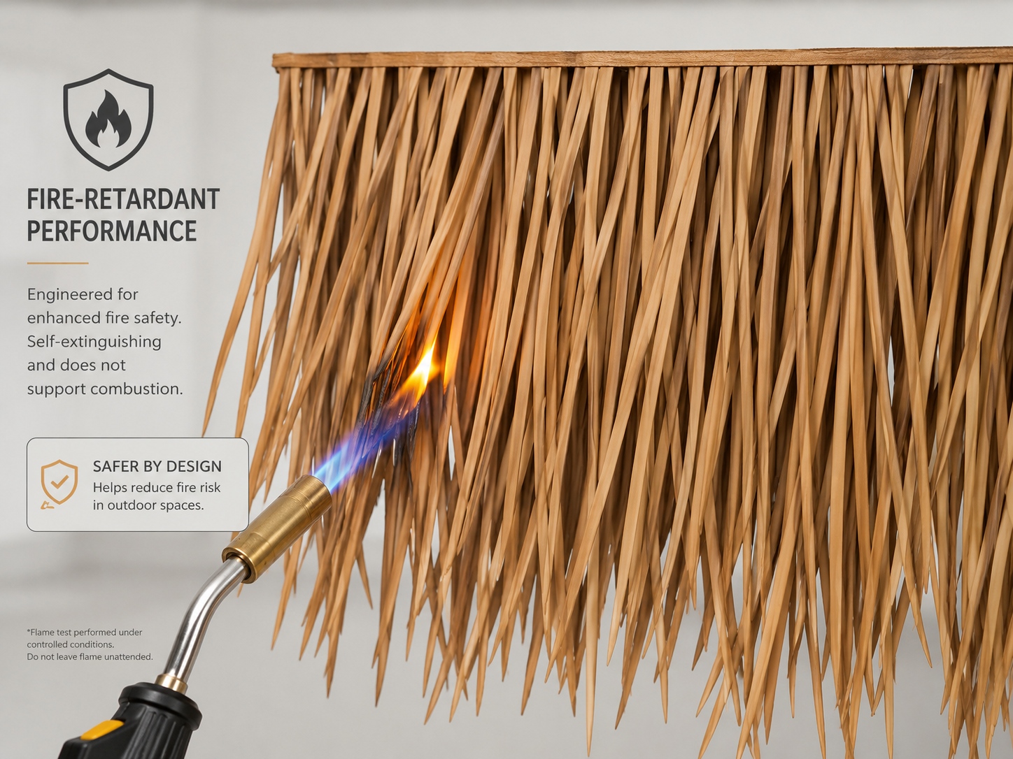Close-up of fire retardant thatch during a controlled torch test to show enhanced fire safety performance