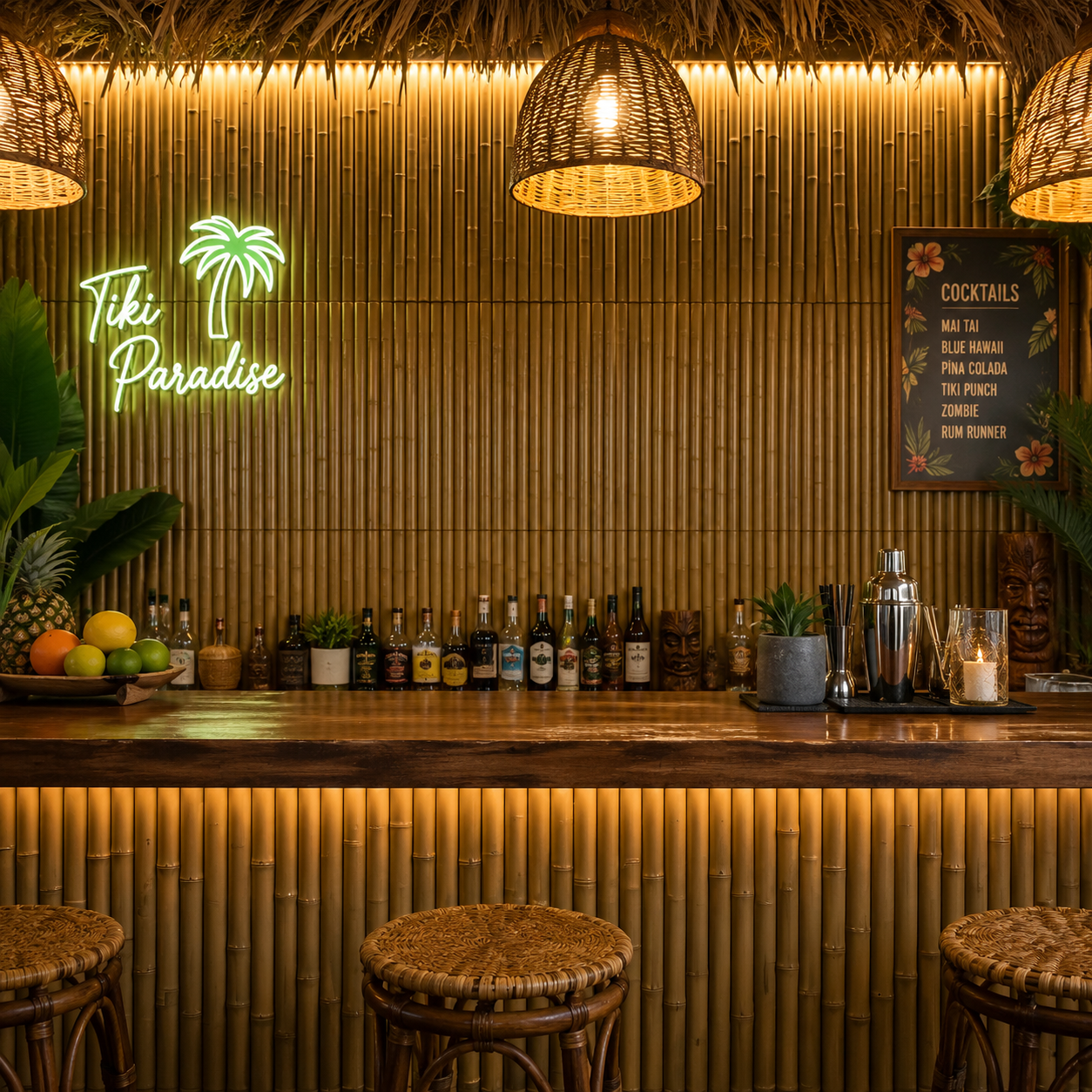 Bamboo wall covering used as a tropical tiki bar backdrop with warm lighting, rattan lamps, and island-style decor