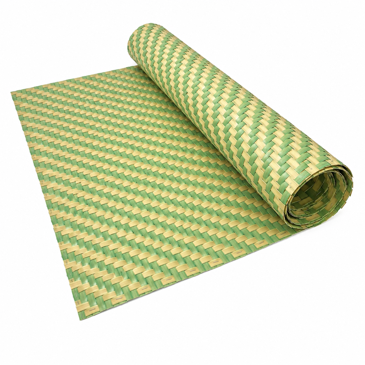 Rolled and partially unrolled Two-Tone Sage Green & Natural Beige HDPE synthetic bamboo matting.