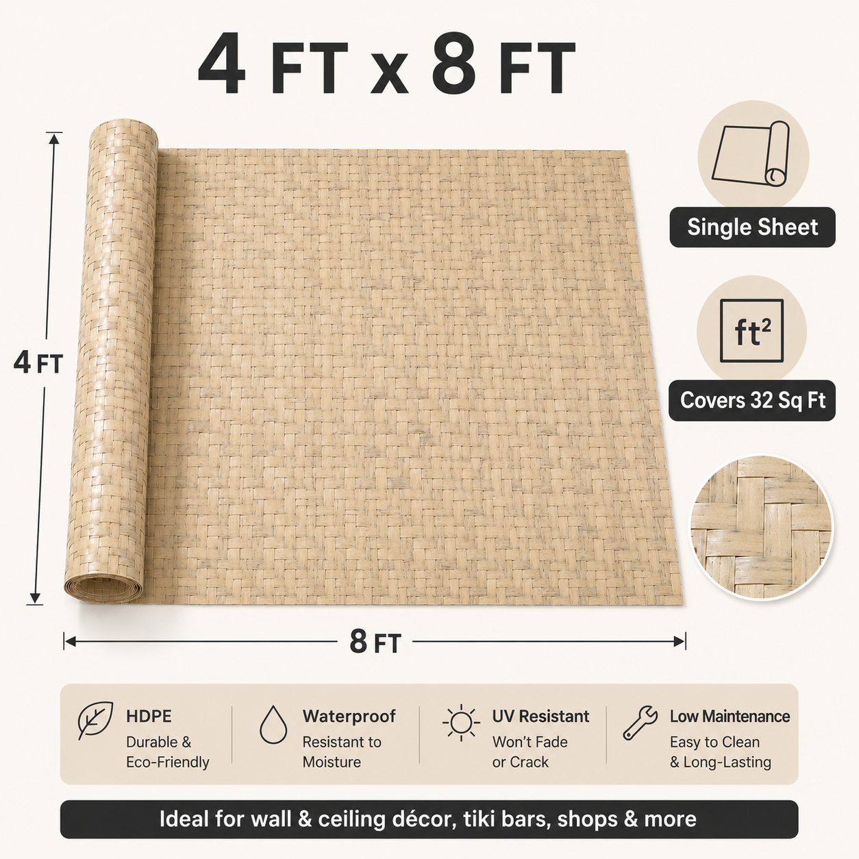 Speckled Sand woven bamboo matting measuring 4 x 8 ft and covering 32 square feet for wall, ceiling, tiki bar, and shop decor.