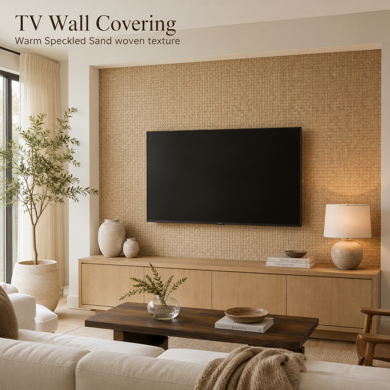 Speckled Sand bamboo wall covering installed as a woven TV accent wall in a warm modern living room.