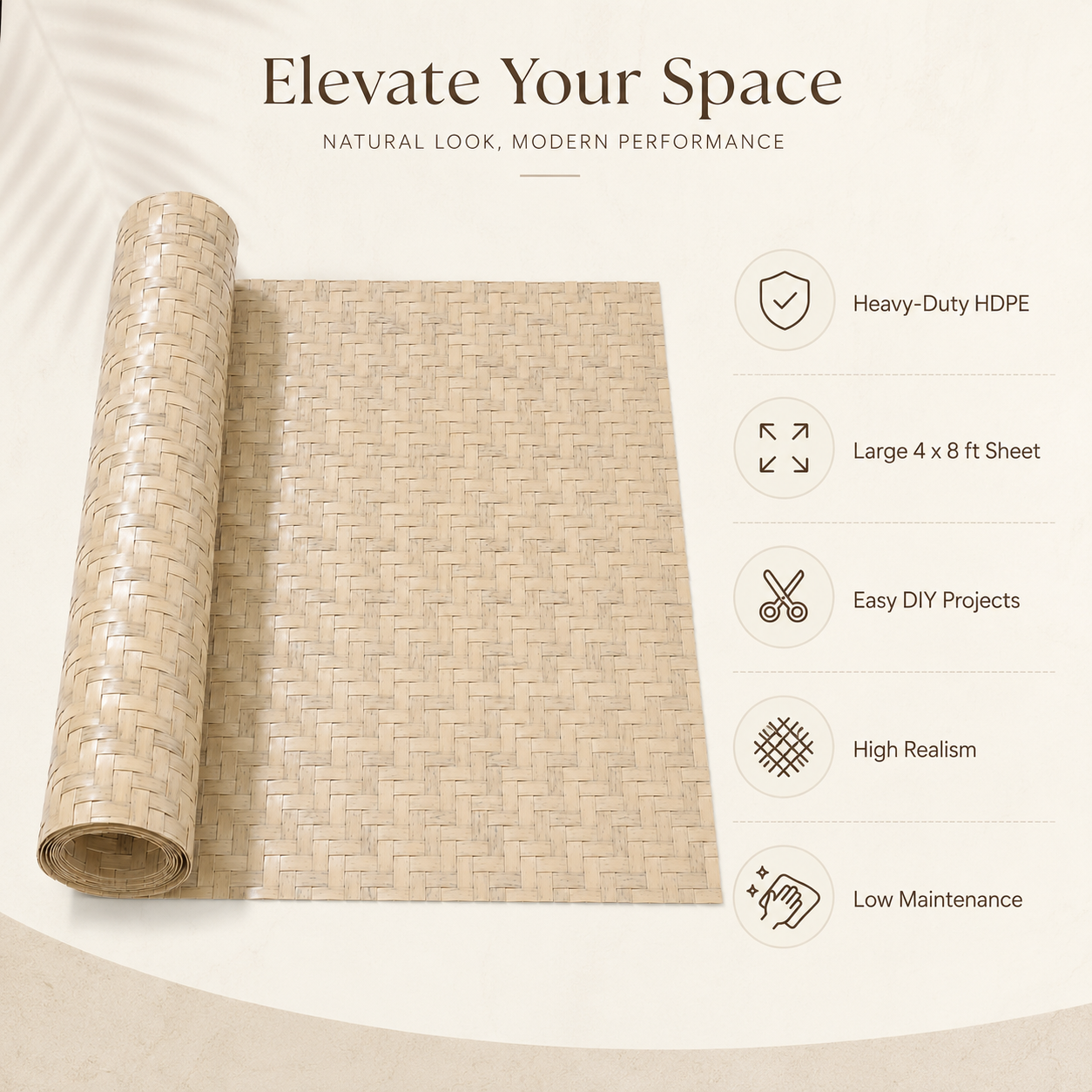 Speckled Sand bamboo wall panel made from heavy-duty HDPE with a large 4 x 8 ft size, realistic weave, easy DIY installation, and low maintenance.