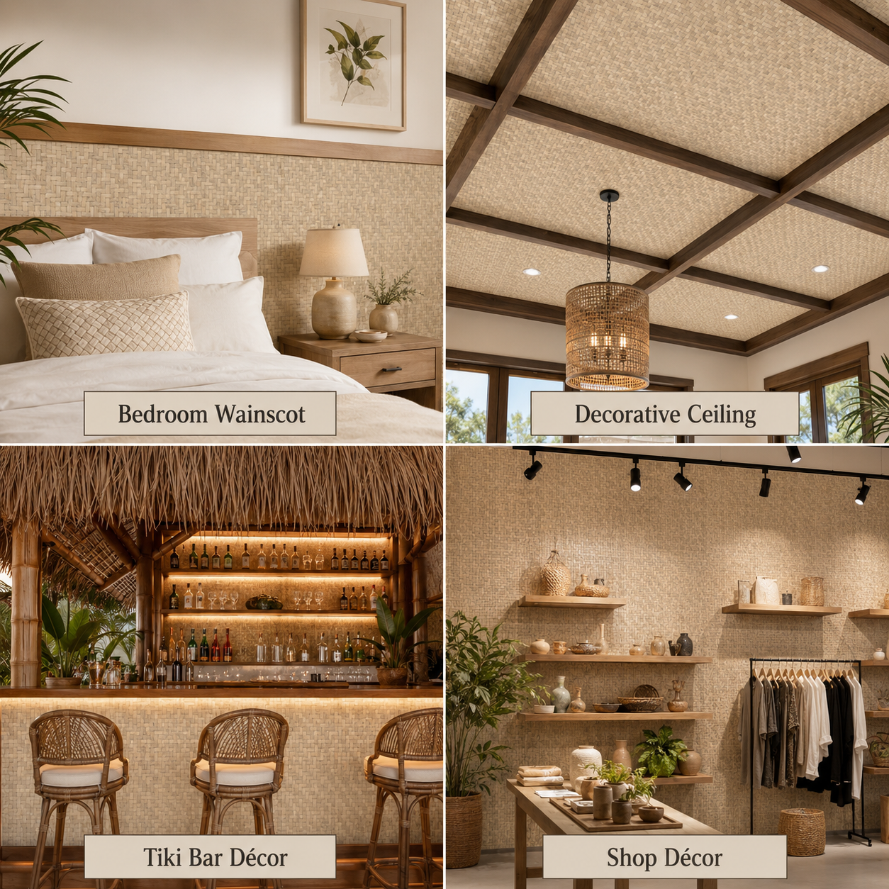 Speckled Sand bamboo wall panels used for bedroom wainscoting, decorative ceilings, tiki bar decor, and retail shop walls.