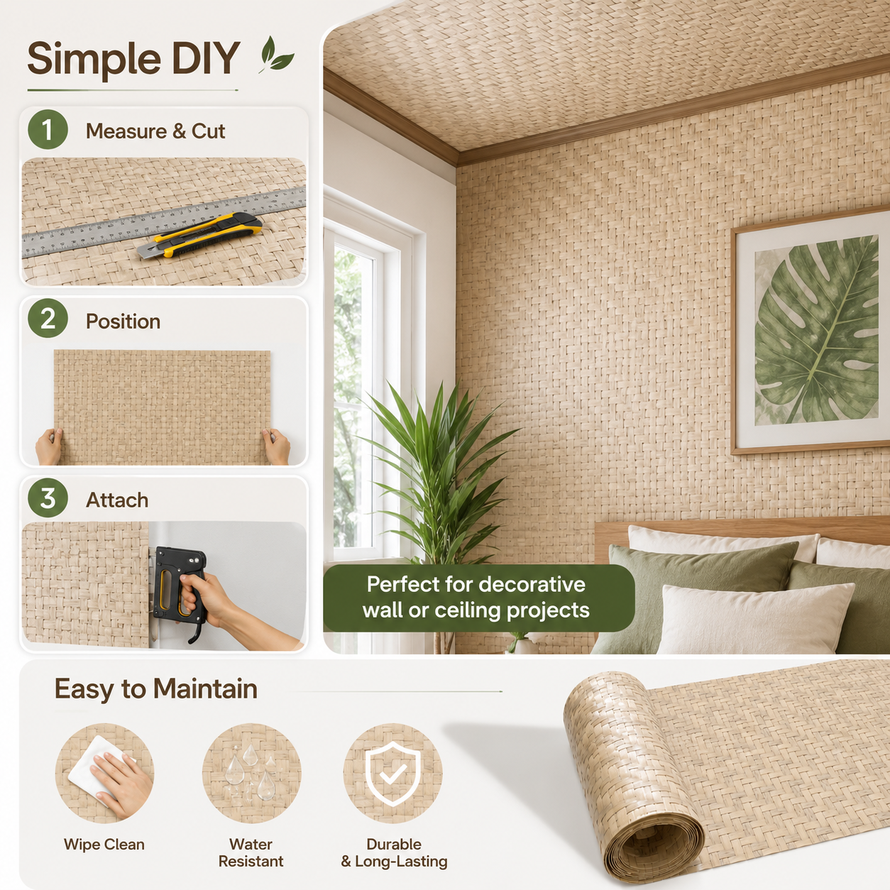 Simple DIY installation of Speckled Sand bamboo wall panels for decorative walls and ceilings, showing measuring, cutting, positioning, and fastening.