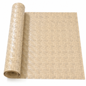 Speckled Sand HDPE woven bamboo matting roll with a dense bamboo-inspired pattern on a white background.
