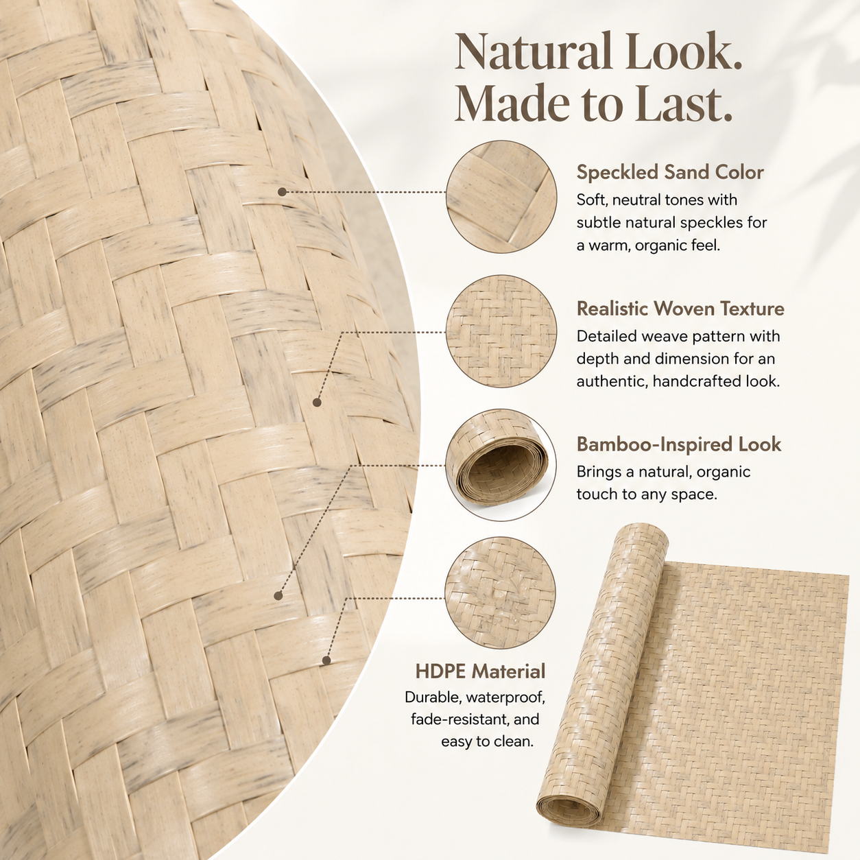 Close-up of Speckled Sand woven bamboo panel showing natural speckles, realistic woven texture, and durable HDPE material.